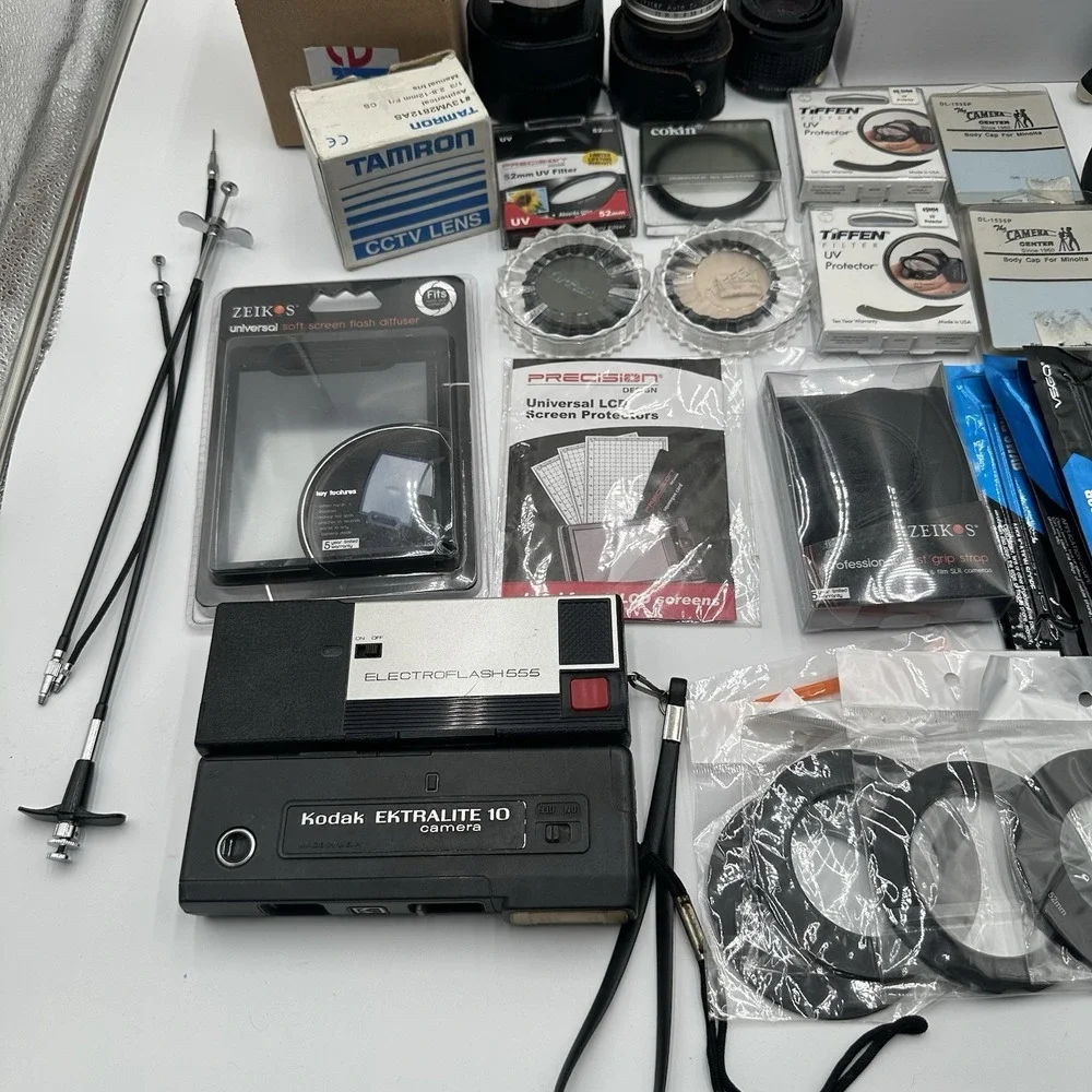Huge Camera Lens Accessory Lot Filters Hoods Caps Tripod Kodak Flash Untested